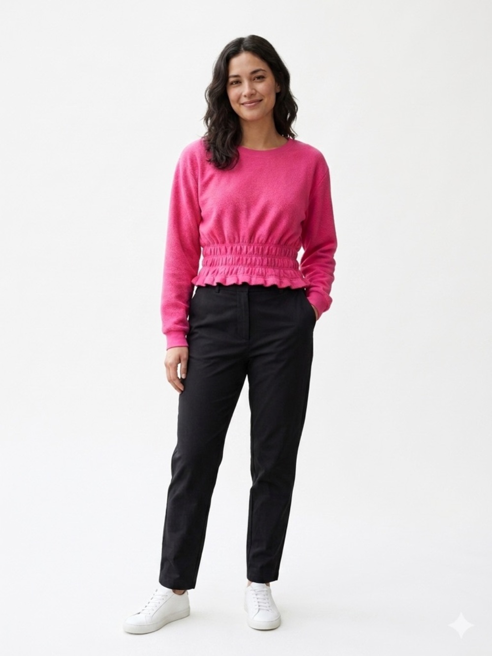 Anthropologie Maeve Pink Cropped Smocked Long Sleeve Top